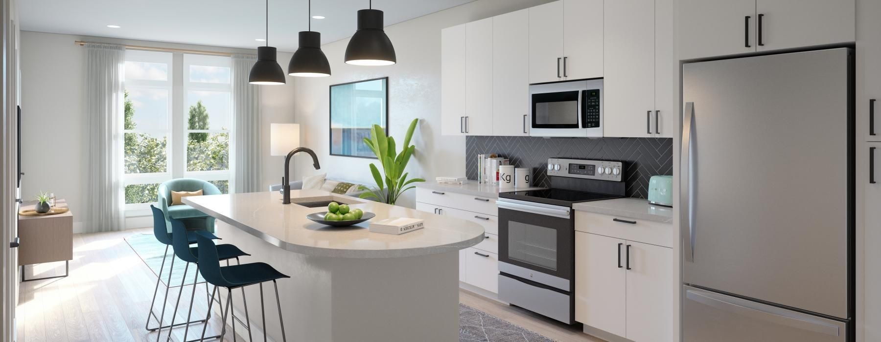 a kitchen with white cabinets